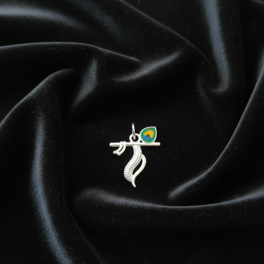 Silver Krishna Flute Pendant with Morpankh Design