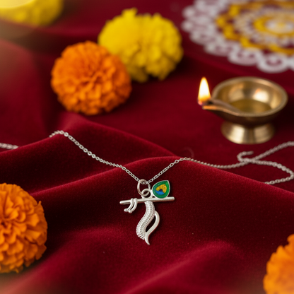 Silver Krishna Flute Pendant with Morpankh Design