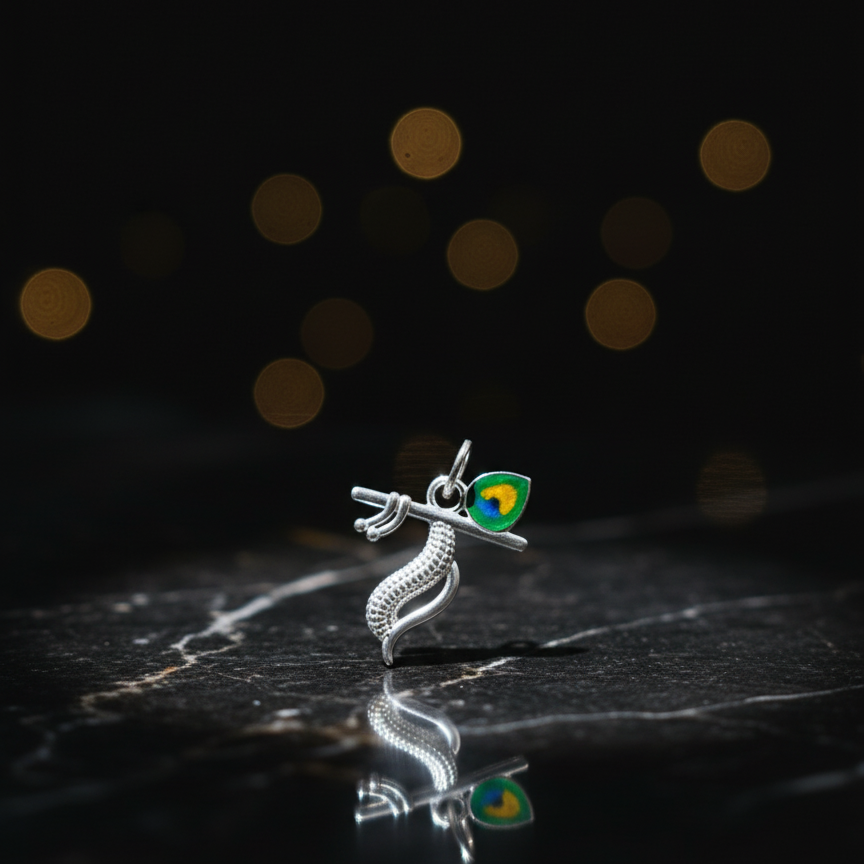 Silver Krishna Flute Pendant with Morpankh Design