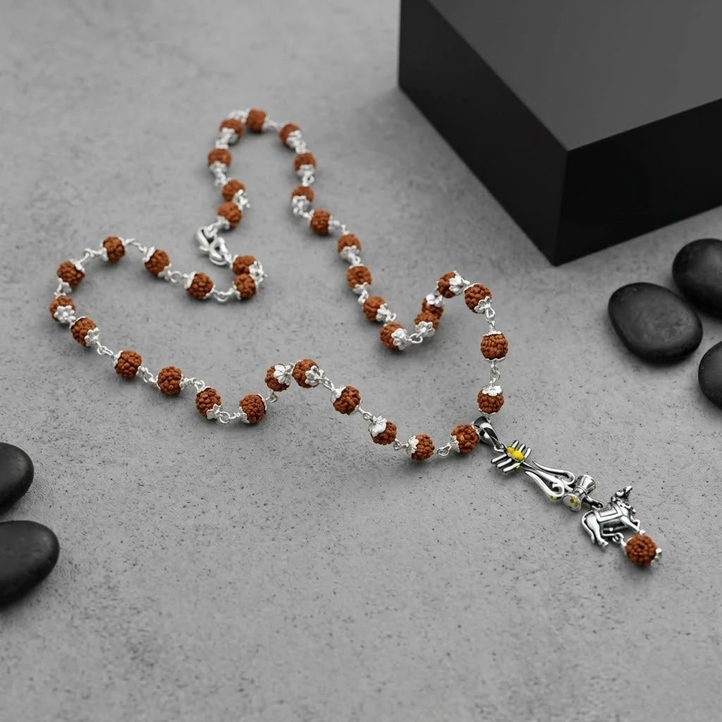 Silver Mahadev Trishul Nandi Rudraksha Mala Pendant 