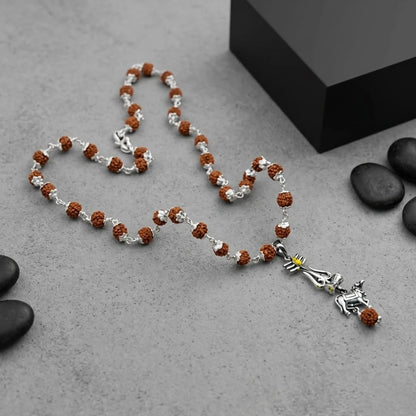 Silver Mahadev Trishul Nandi Rudraksha Mala Pendant 