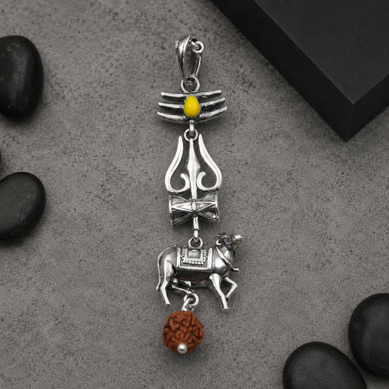 Silver Mahadev Trishul Nandi Rudraksha Mala Pendant 