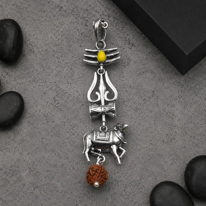 Silver Mahadev Trishul Nandi Rudraksha Mala Pendant 