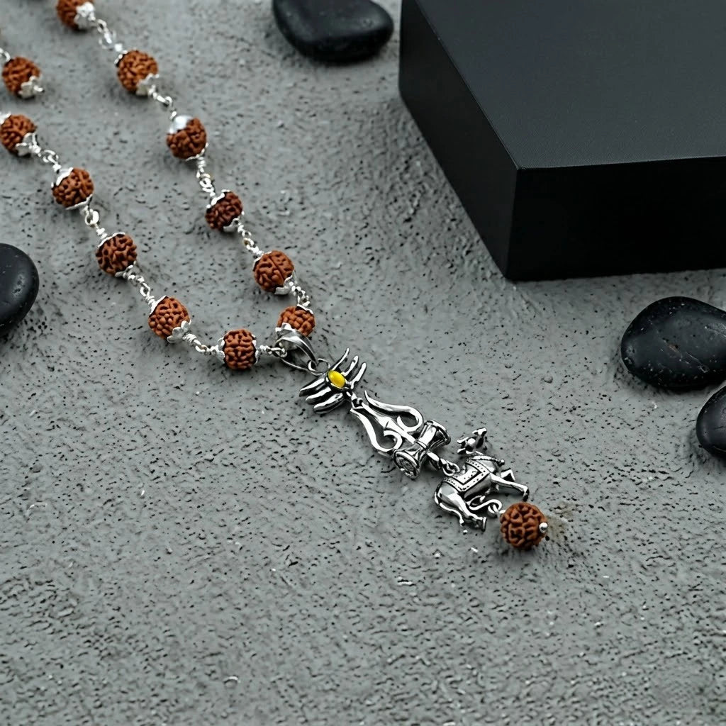 Silver Mahadev Trishul Nandi Rudraksha Mala Pendant 