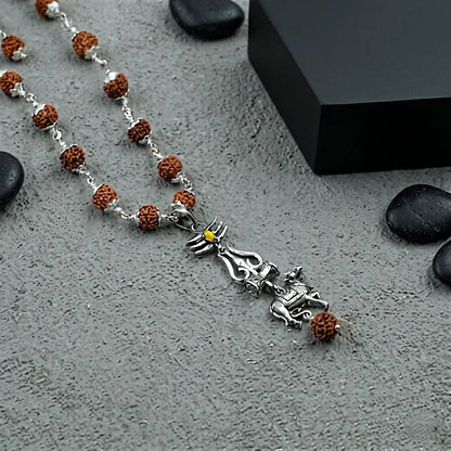 Silver Mahadev Trishul Nandi Rudraksha Mala Pendant 