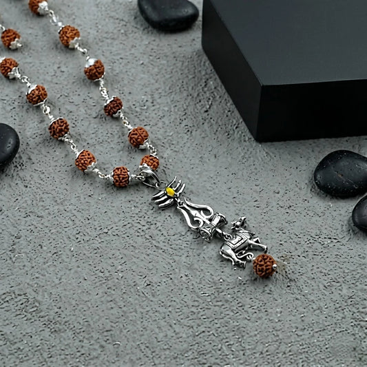 Silver Mahadev Trishul Nandi Rudraksha Mala Pendant 