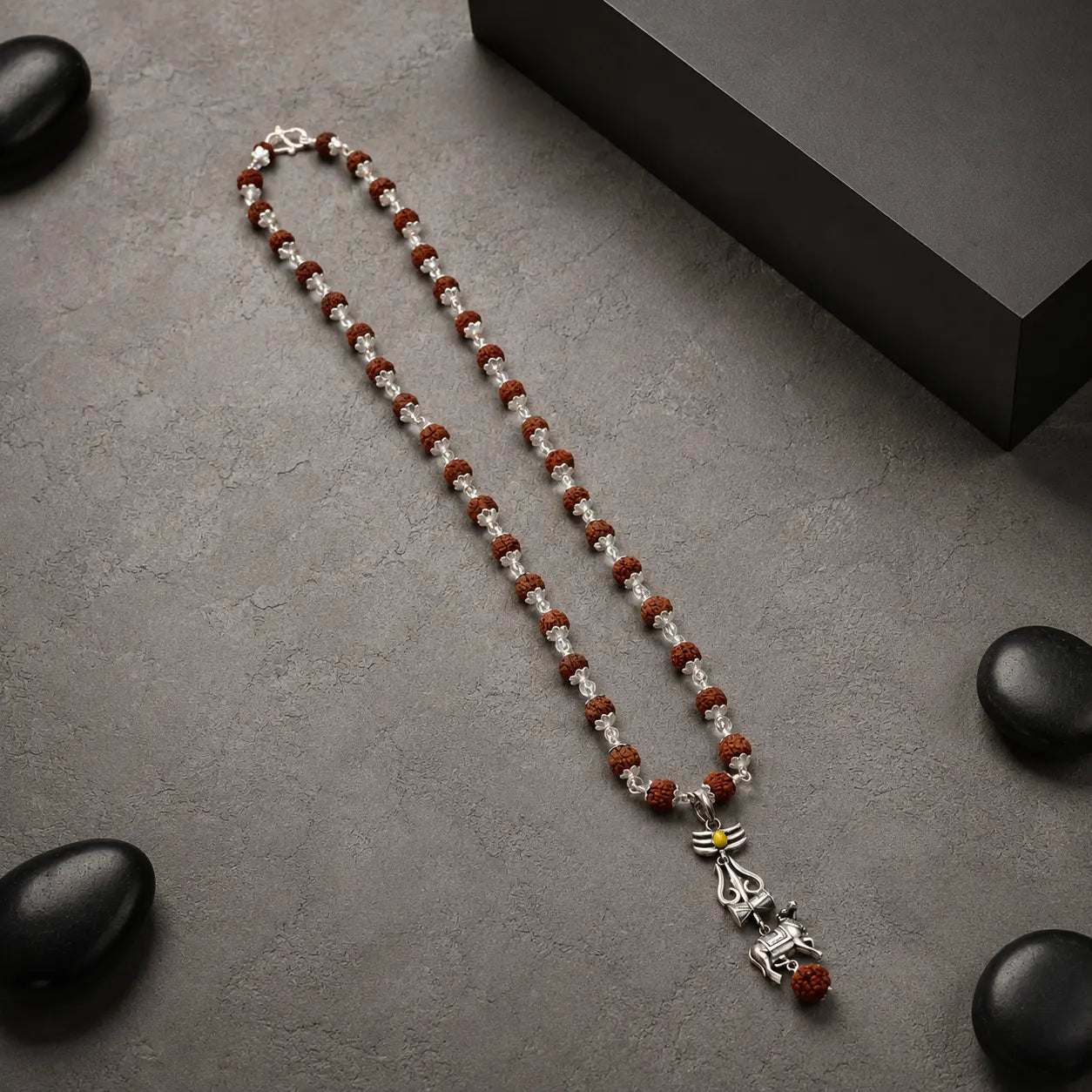 Silver Mahadev Trishul Nandi Rudraksha Mala Pendant 