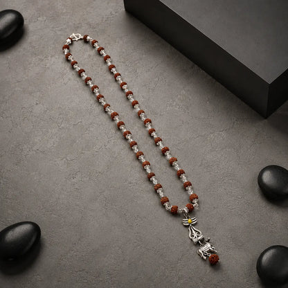 Silver Mahadev Trishul Nandi Rudraksha Mala Pendant 