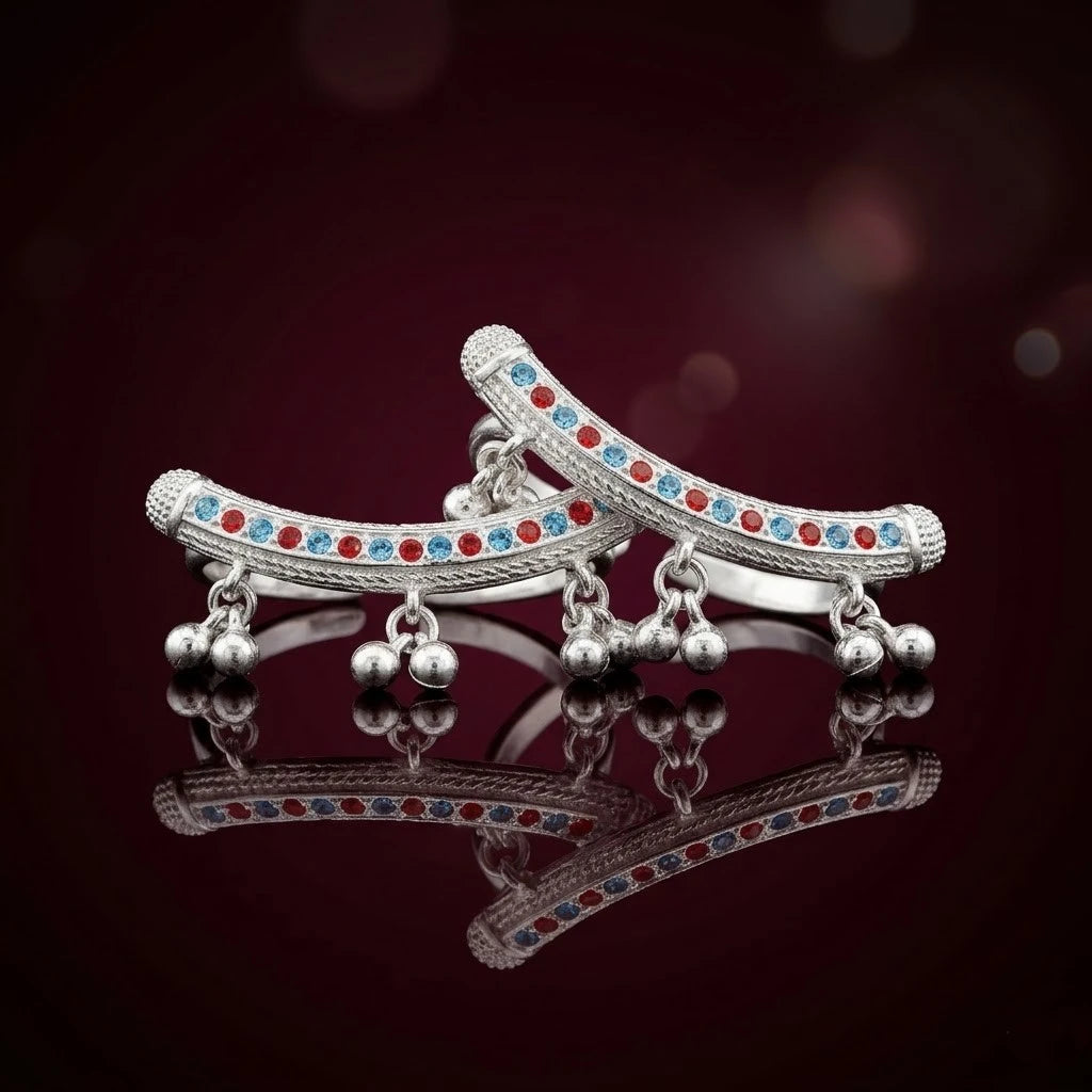 Silver Multicolor Ghungroo Toe Ring Pair