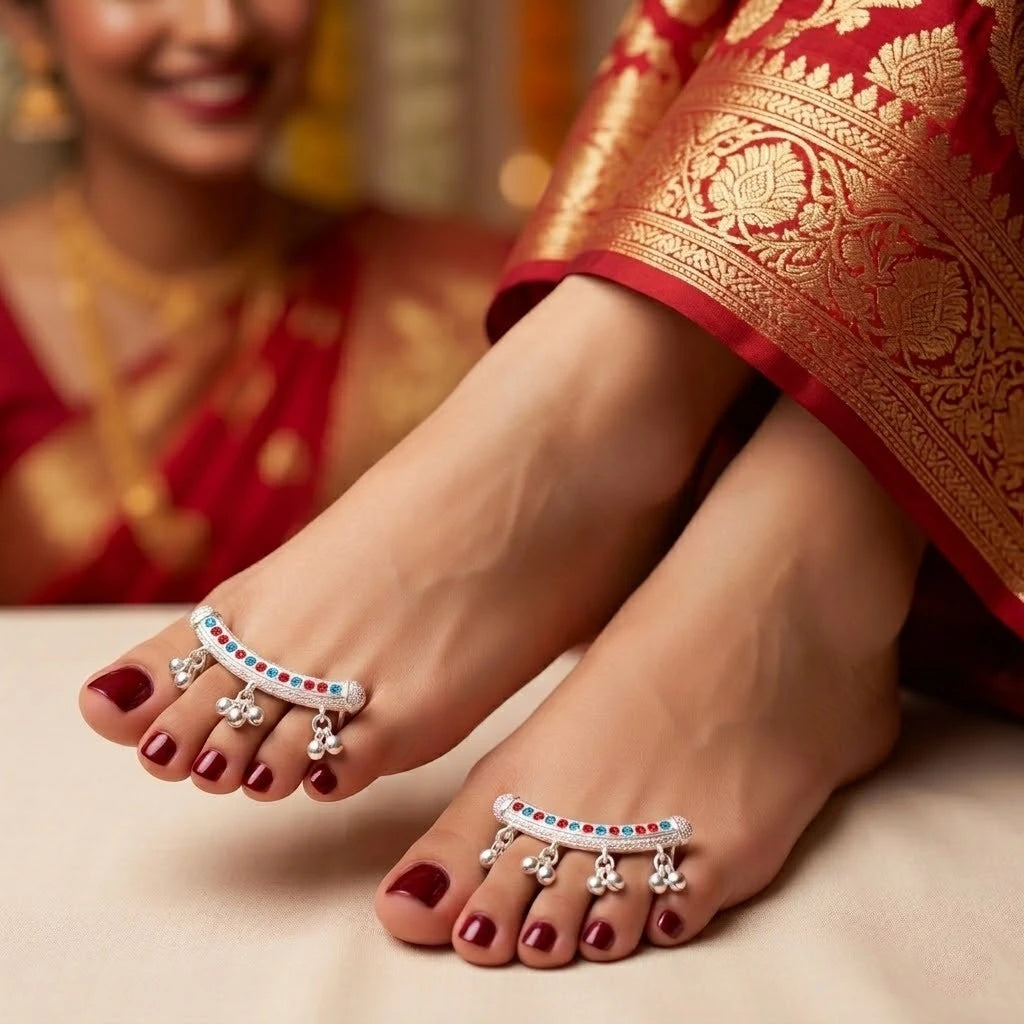 Silver Multicolor Ghungroo Toe Ring Pair