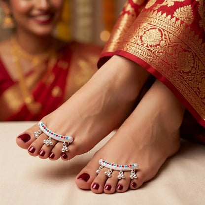 Silver Multicolor Ghungroo Toe Ring Pair