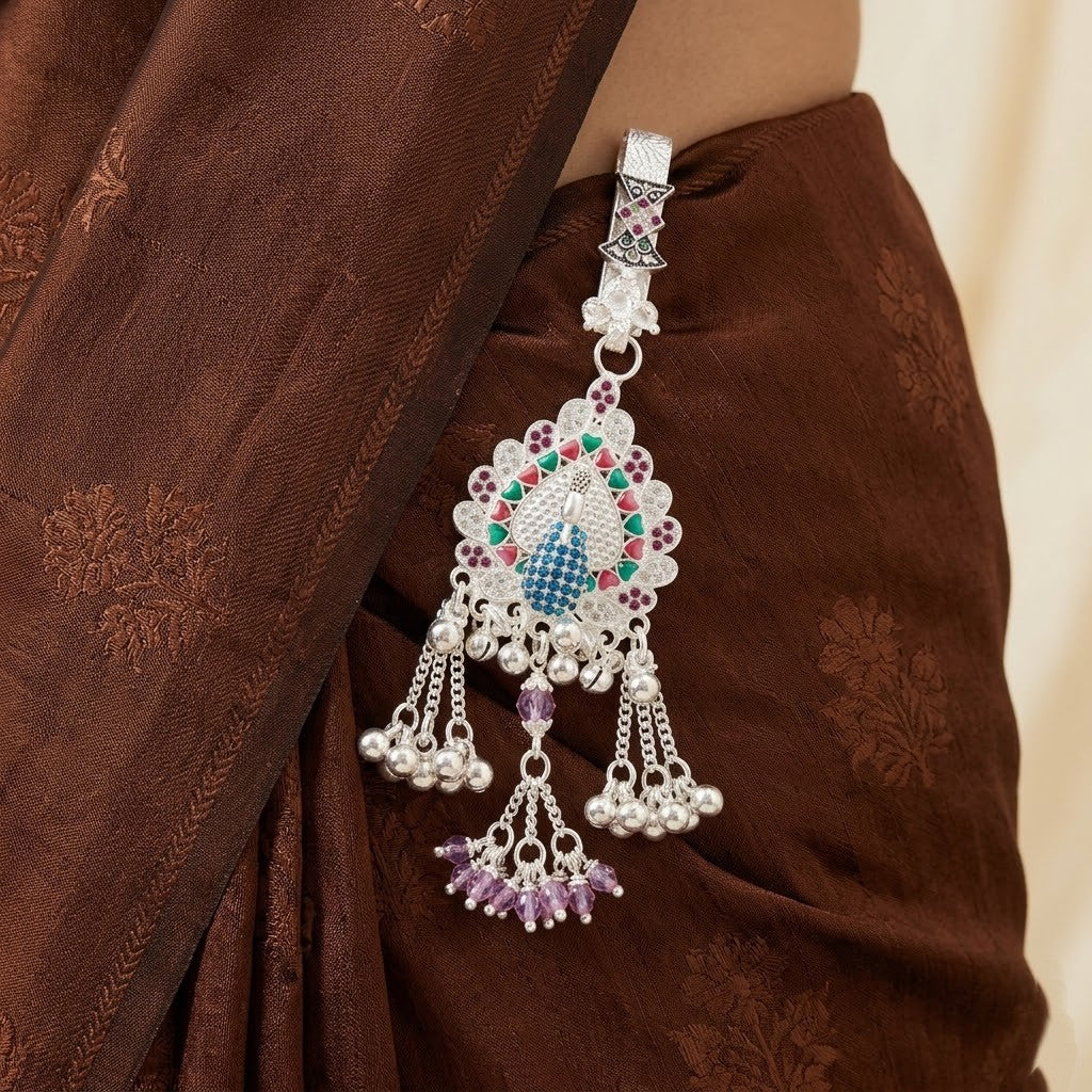 Silver Peacock Saree Latkan with Crystal Tassels Designer Saree Accessory for Women