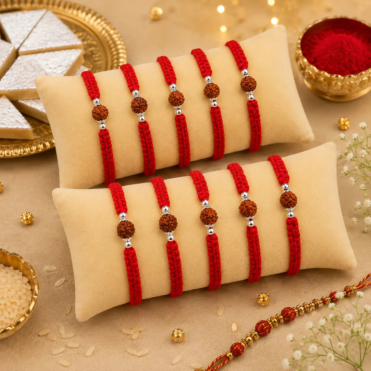 Silver Rakhi for Brother Rudraksha & Bud Accents