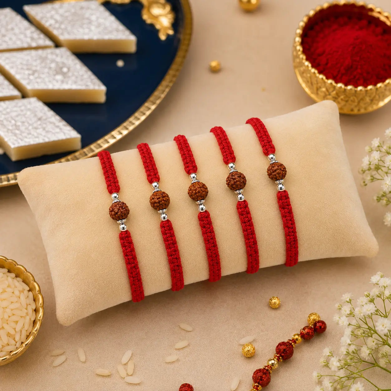 Silver Rakhi for Brother Rudraksha & Bud Accents