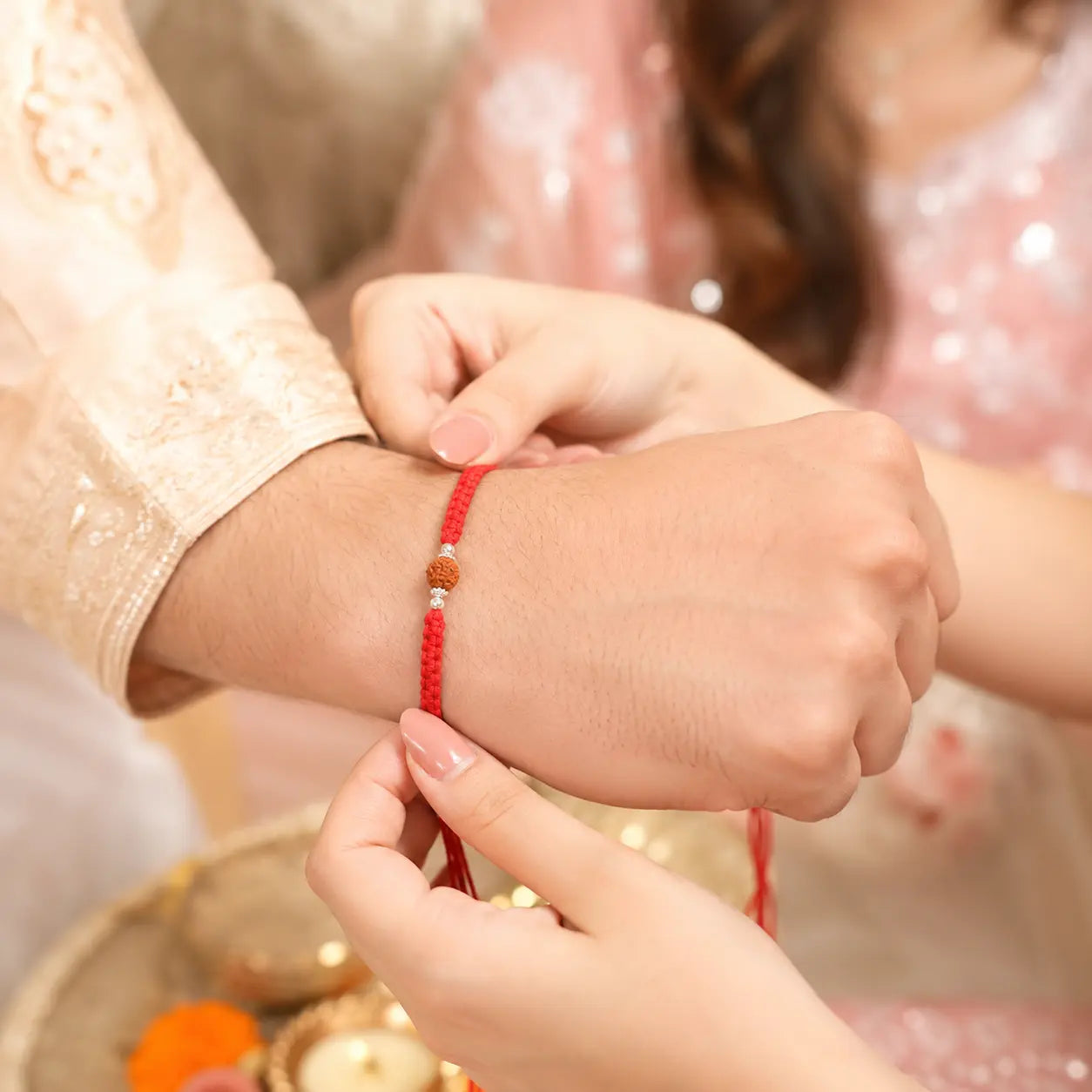 Silver Rakhi for Brother Rudraksha & Bud Accents