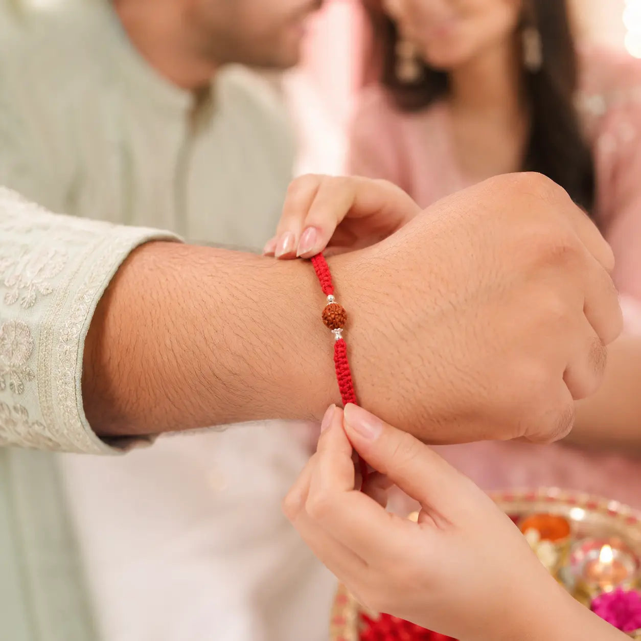 Silver Rakhi for Brother Rudraksha & Bud Accents
