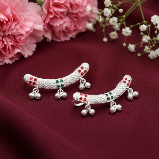 Silver Red Green Ghungroo Toe Ring Pair
