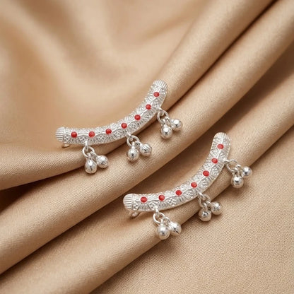 Silver Red Stone Ghungroo Toe Ring Pair