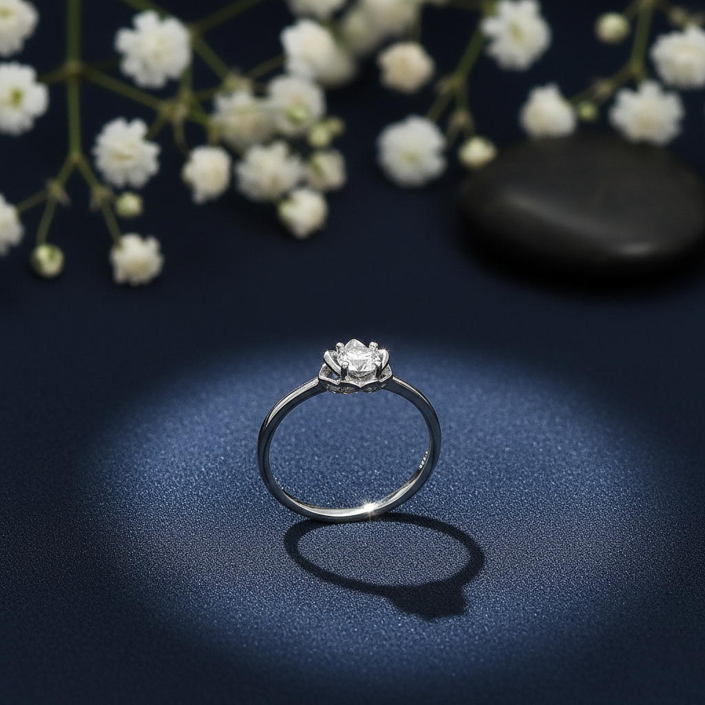 Silver Solitaire Ring with Floral Crown Ring