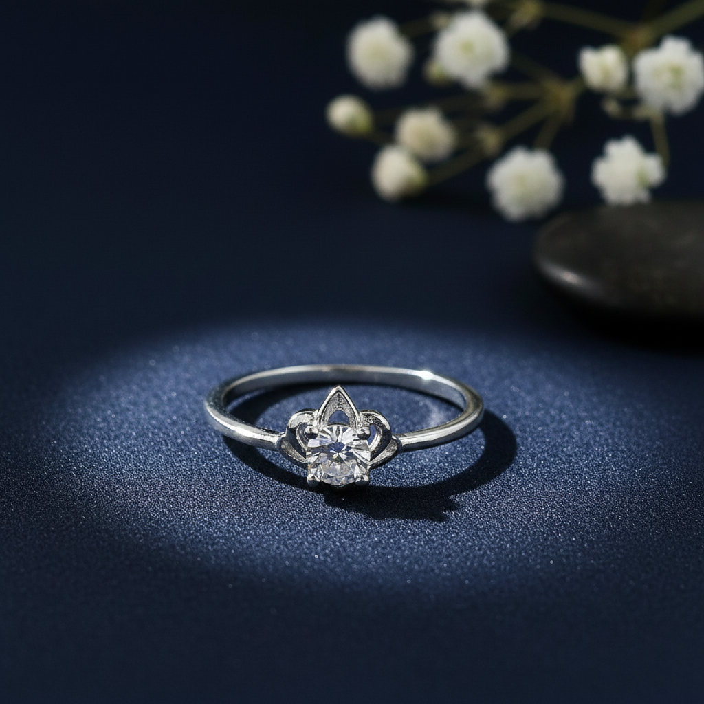 Silver Solitaire Ring with Floral Crown Ring