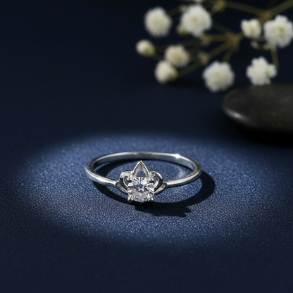 Silver Solitaire Ring with Floral Crown Ring