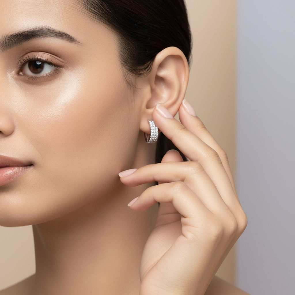 Silver Triple-Row CZ Hoop Earrings