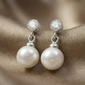 Elegant 925 Sterling Silver White Pearl Drop Stud Earrings with Round Cubic Zirconia for Women