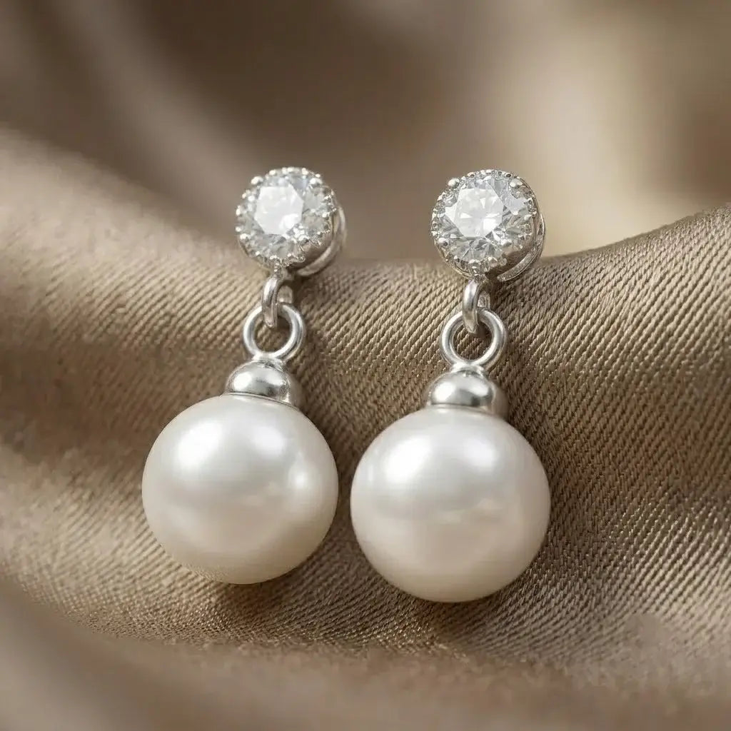 Elegant 925 Sterling Silver White Pearl Drop Stud Earrings with Round Cubic Zirconia for Women