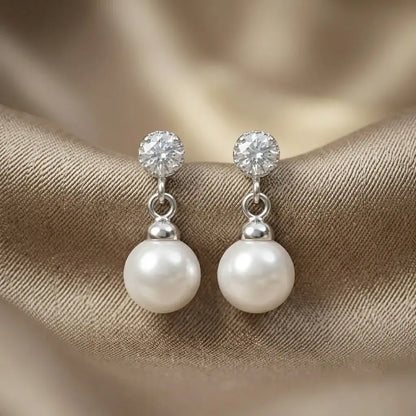 Elegant 925 Sterling Silver White Pearl Drop Stud Earrings with Round Cubic Zirconia for Women