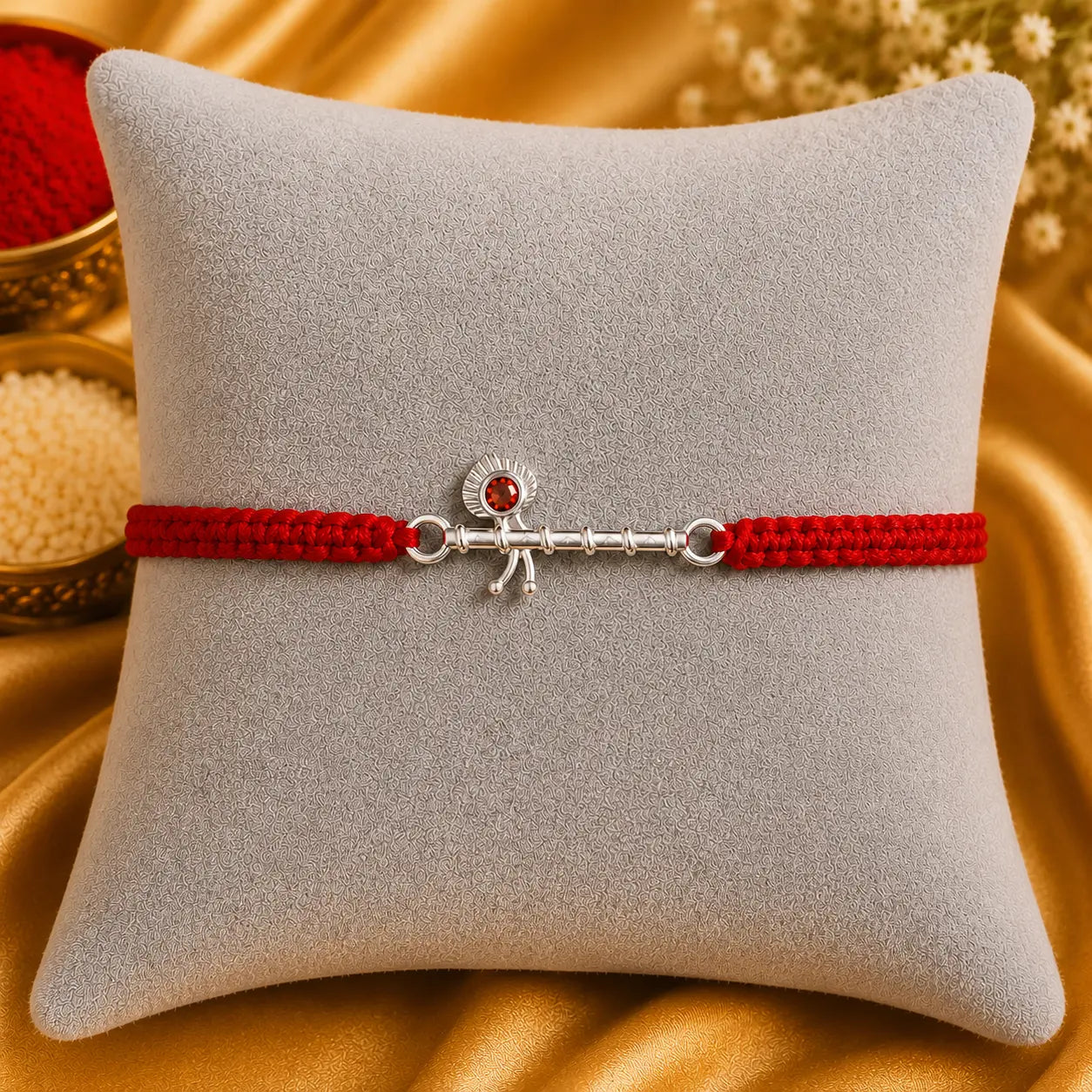 Silver Basuri Rakhi with red mauli thread on a white cushion with golden festive background