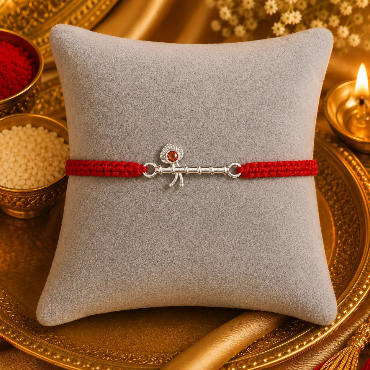 Silver Basuri Rakhi with red mauli thread on a white cushion with golden festive background