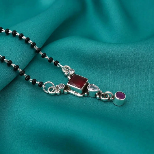 Silver Beautiful Square Red Stone Mangalsutra