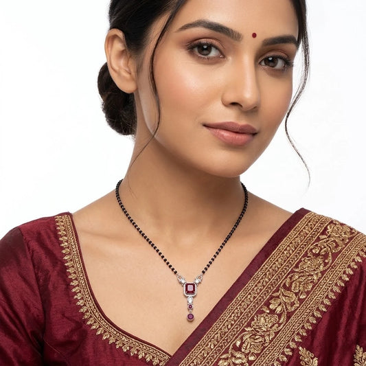 Silver Beautiful Square Red Stone Mangalsutra