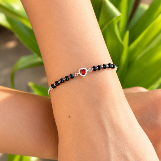 Silver Black Beaded Heart Bracelet