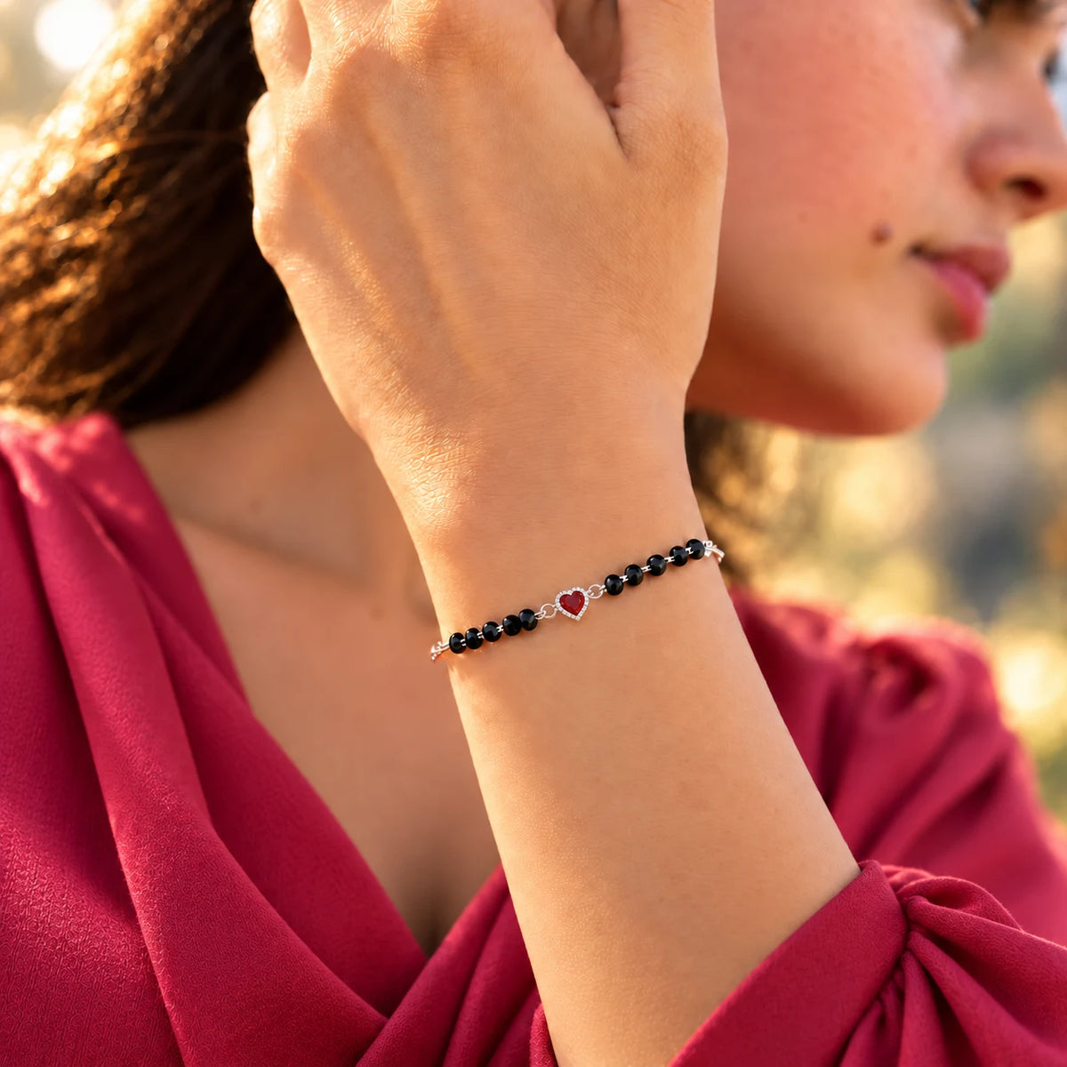 Silver Black Beaded Heart Bracelet