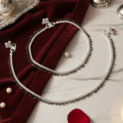 Silver Black Beaded Payal Minimal Traditional Anklet for Daily Wear