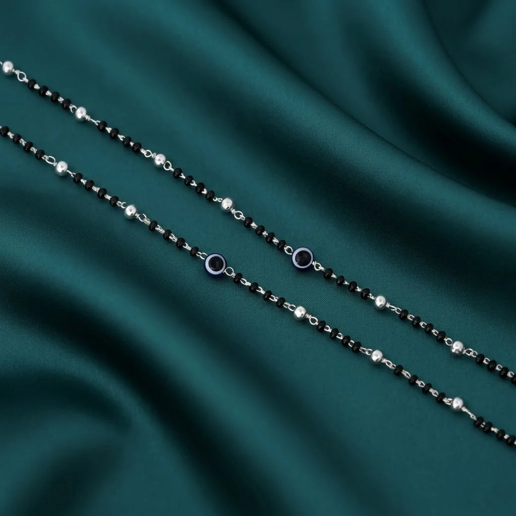 Silver Black Evil Eye with Black and Silver Beads Payal