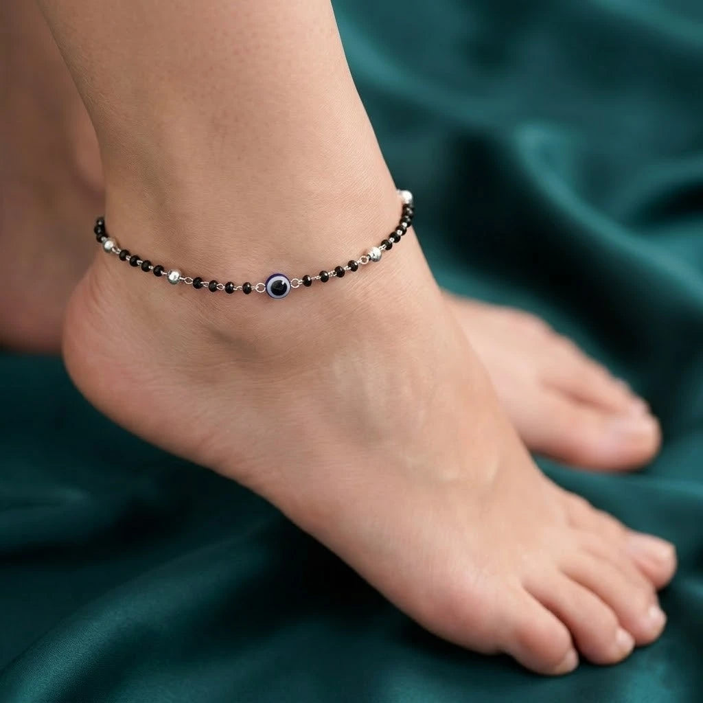 Silver Black Evil Eye with Black and Silver Beads Payal