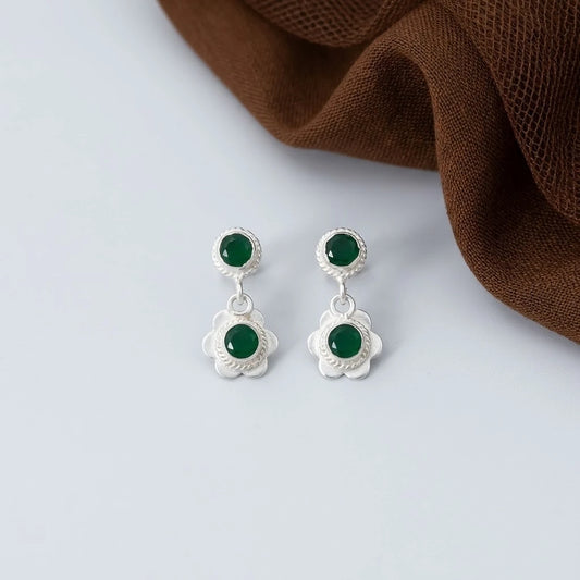 Silver Bloom Green Stone Earrings