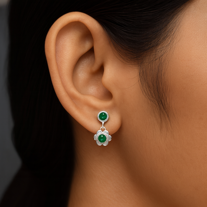 Silver Bloom Green Stone Earrings