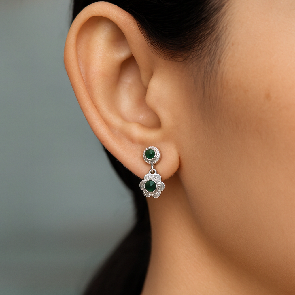 Silver Bloom Green Stone Earrings