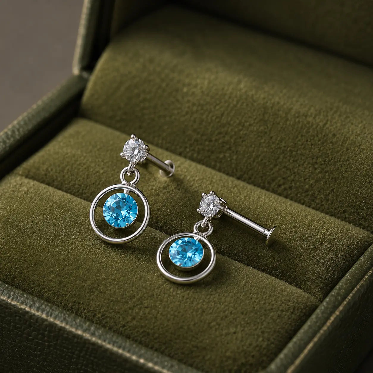 Silver blue round cubic zirconia open circle drop earrings for women with polished silver finish and sparkling crystal accents displayed on a white rose branch.