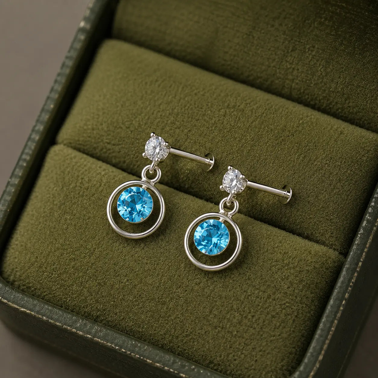 Silver Blue CZ Circle Drop Earrings