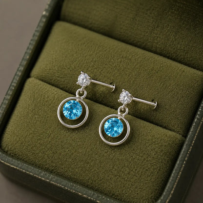 Silver Blue CZ Circle Drop Earrings