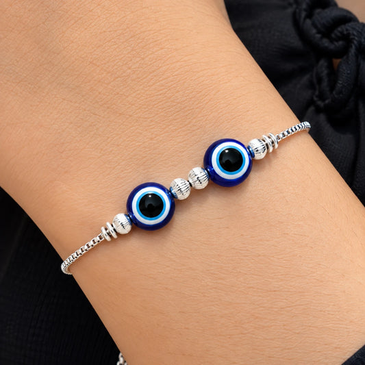 Silver Blue Evil Eye Adjustable Bracelet for Women