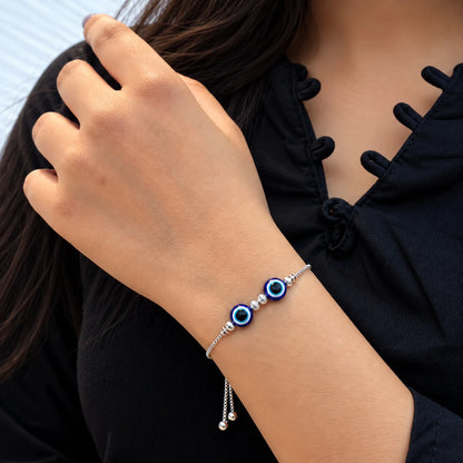 Silver Blue Evil Eye Adjustable Bracelet for Women