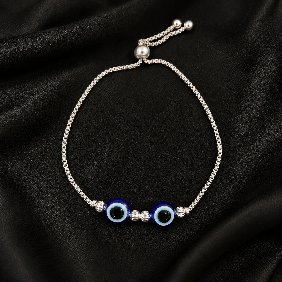 Silver Blue Evil Eye Adjustable Bracelet for Women