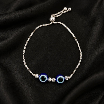 Silver Blue Evil Eye Adjustable Bracelet for Women