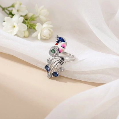 Silver Blue Gem Stone with Peacock Design Ring for Girls