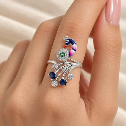 Silver Blue Gem Stone with Peacock Design Ring for Girls